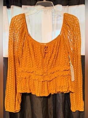 NWT iris Mustard Lace Ruffle Long-Sleeve Blouse